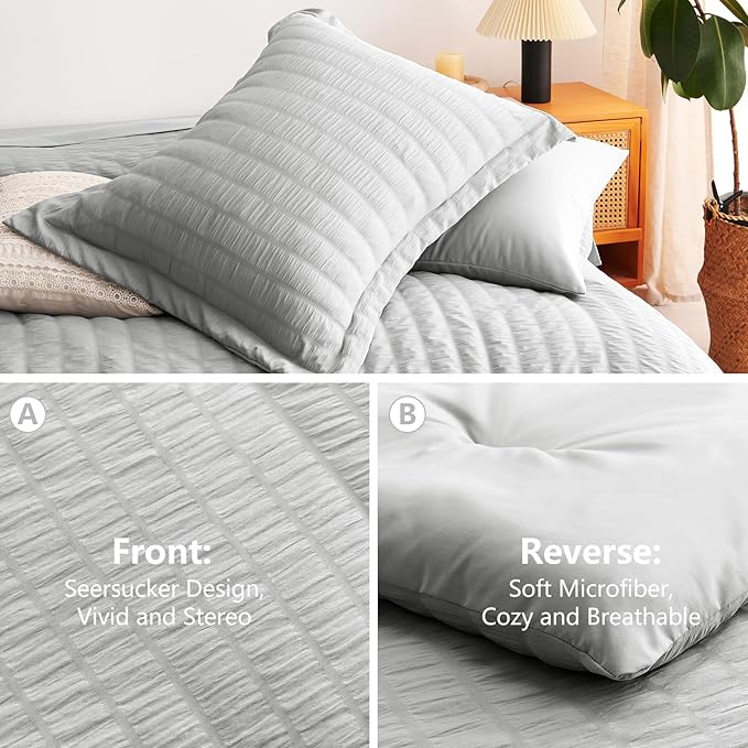CozyLux King Size Comforter Set Light Grey Seersucker 7 Pieces Bed in a Bag King Comforter Set with Sheets, Light Gray Luxury Bedding Sets with Down Alternative Comforter, Sheets, Pillowcases & Shams