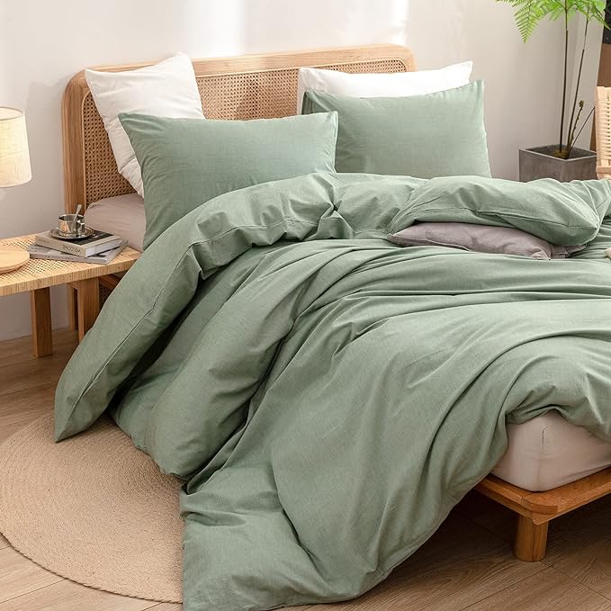 BESTOUCH Duvet Cover Set 100% Washed Cotton Linen Feel Super Soft Comfortable Chic Lightweight 3 PCs Home Bedding Set Solid Green Oversized King