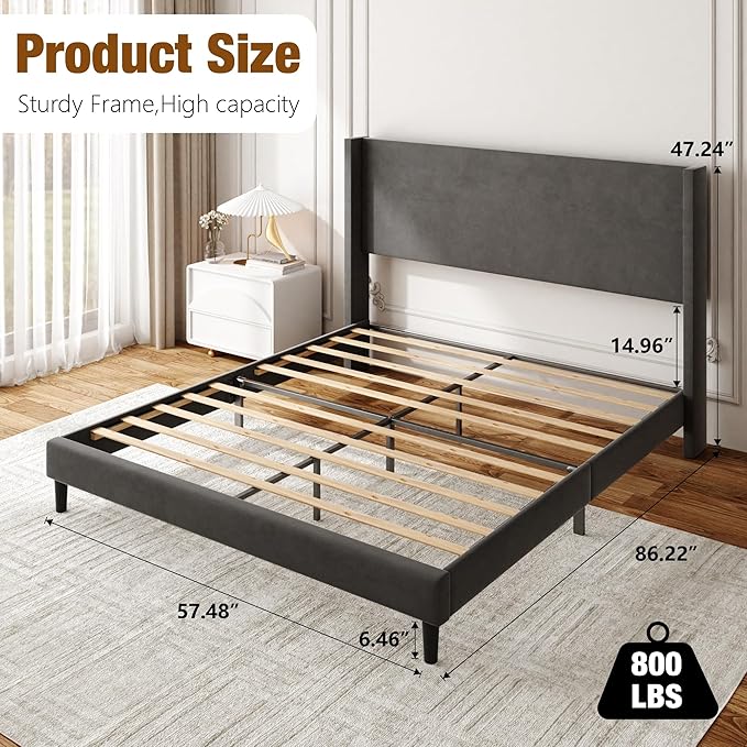Sismplly Queen Bed Frame with Wingback Headboard, Velvet Upholstered Platform Bed with Wooden Slats, 6.46“ Under Bed Storage, Metal Support, Noise Free, No Box Spring Needed, Gray