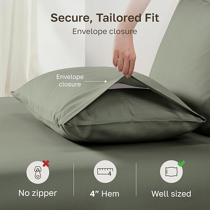 California Design Den 100% Egyptian Cotton Pillowcases King Size Set of 2 - Crisp Percale Feel, Soft & Breathable Envelope Closure Pillow Cases (Sage Leaf)