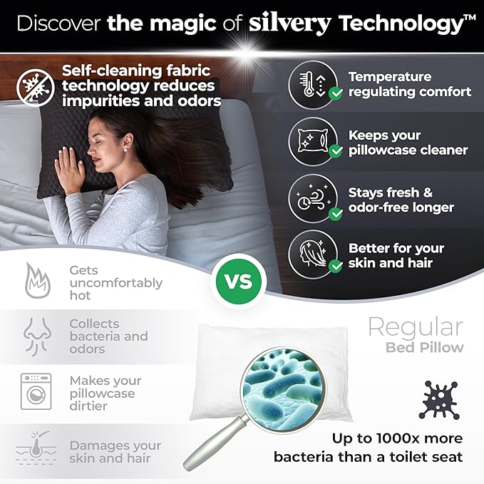 Silvery Memory Foam Bed Pillow - Patent-Pending Self-Cleaning Technology™ for Hygienic Sleep - Cooling Hypoallergenic Adjustable Pillows for Side, Back & Stomach Sleepers