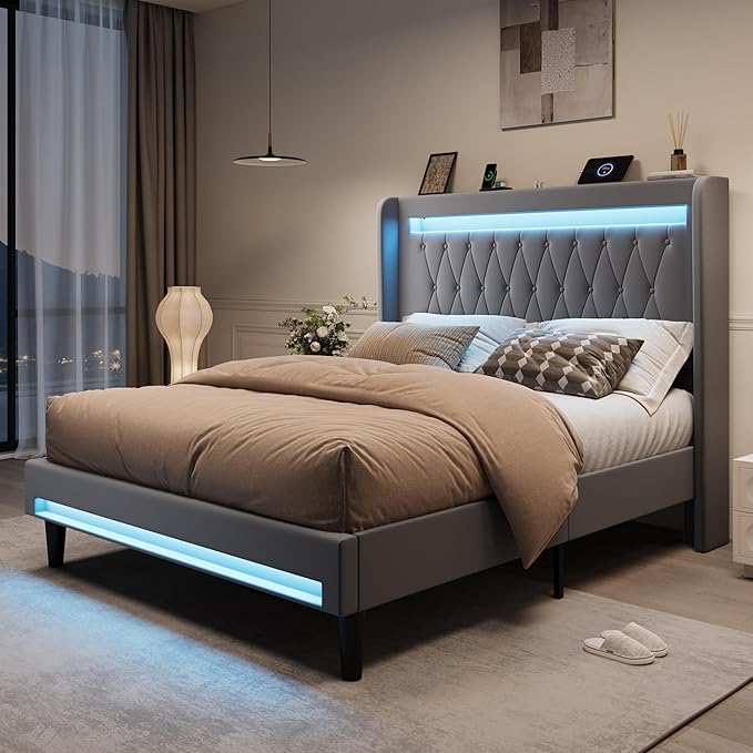 SHA CERLIN Queen Size LED Bed Frame with Charging Station, Velvet Upholstered Platform Bed with High Wingback Headboard, No Box Spring Needed, Easy Assembly, Grey