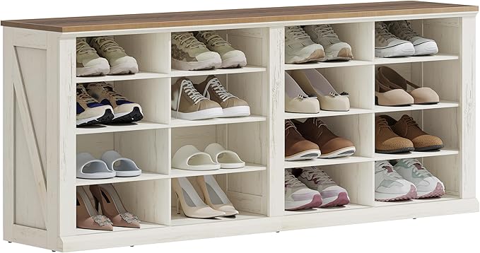 Hzuaneri Farmhouse Shoe Storage Bench, Entryway Shoe Cubby Bench, Widened Wooden Shoes Cubbies with Compartments, Shoes Rack Benchs for Cloakroom, Entryway, Antique White SB24614X