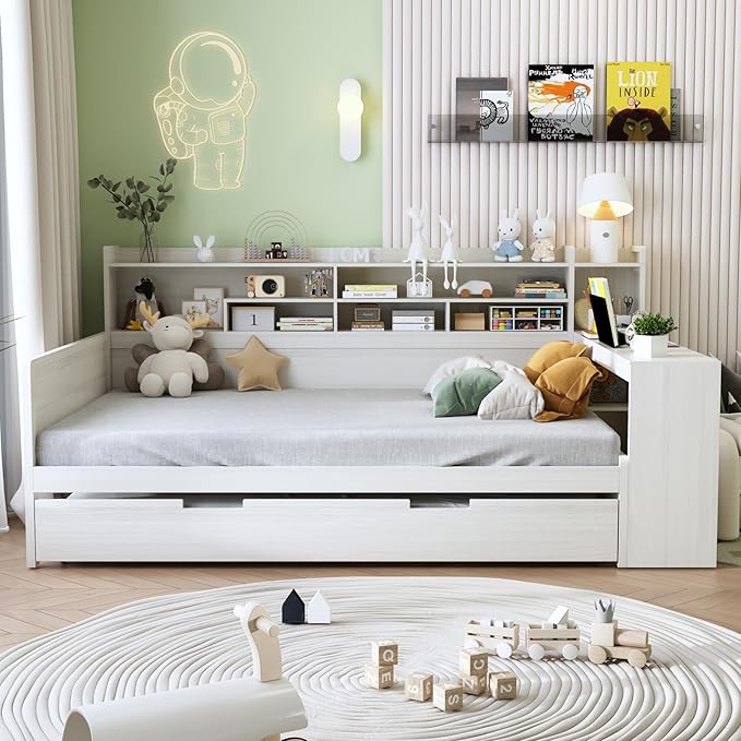 Merax Full Size Corner Bed Frames with Desk and Trundle & Storage Shelves Headboard, Pinewood U-Shaped Captain Daybed, Full Corner Bed Frames for Small Room, Bedroom, Guest Room, Kids' Room, White