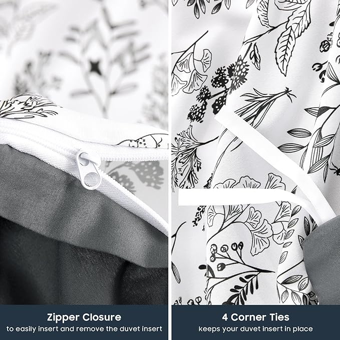 Wake In Cloud - Floral Duvet Cover Set, Botanical Vintage Flower Coquette Cottagecore Aesthetic for Women Teen Girls, Soft Lightweight Bedding, 3-Piece, Charcoal, Queen Size