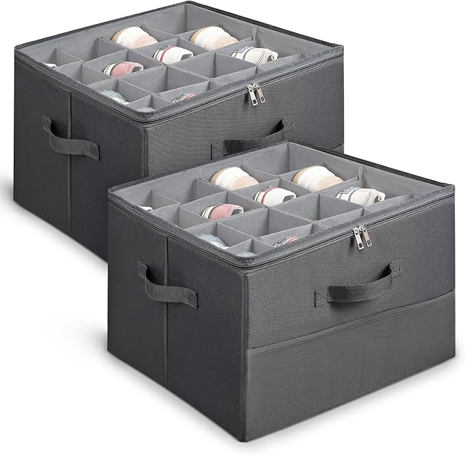 Under Bed Shoe Storage Organizer 16 Compartment, Foldable Shoe Organizer Under Bed with Clear PVC Lid, Shoe Storage Box with Zipper & Handle for Closet Bedroom, Grey, Pack of 2