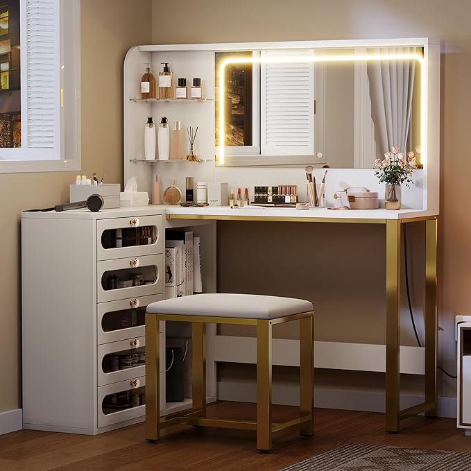 YITAHOME Vanity Desk Set- L Makeup Vanity with Mirror and Lights 3 Lighting Modes, 48" Large Makeup Table with 5 Tempered Glass Drawers with Open Storage Shelves Vanity Table, White