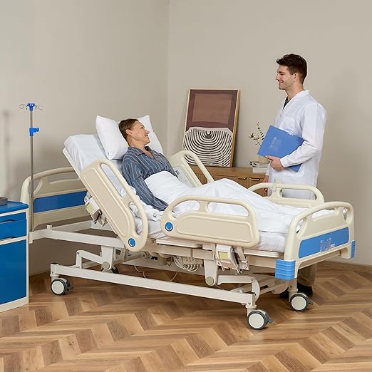 Real Relax 5 Function Full Electric Hospital Bed, Premium Hospital Bed, 4" Foam Mattress, 5" Locking Casters, IV Pole, for Home Use, Hospital ICU Bed, 530LBS Load Bearing, Includes Sheets (2X)