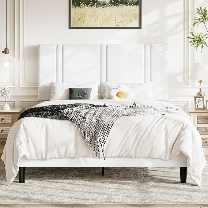 Allewie Queen Platform Bed Frame with Adjustable Headboard, Plush Velvet Upholstered, Vertical Channel Tufted, Sturdy Wooden Slats, No Box Spring Needed, Easy Assembly, White