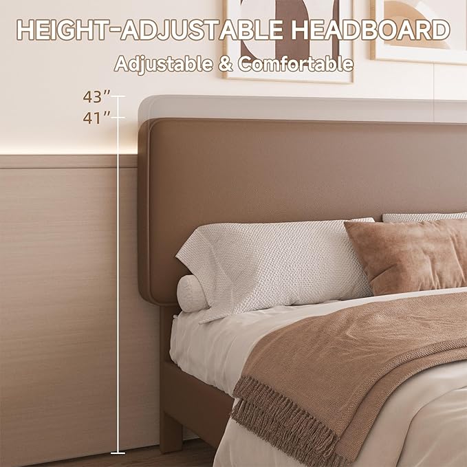 Queen Size Leather Platform Bed Frame with Adjustable Upholstered Headboard, Solid Wooden Legs, No Box Spring Needed, Easy Assembly, Noise Free, Brown