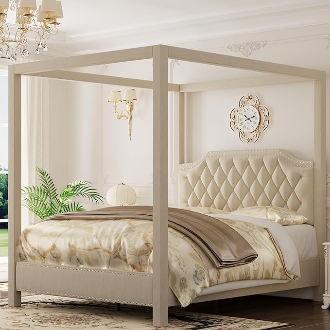 GarveeHome Upholstered Canopy Bed Frame Queen Size with headboard, Button Tufted, Nailhead Trim Design, No Box Spring Required, Beige(Shipped in 2 Boxes)