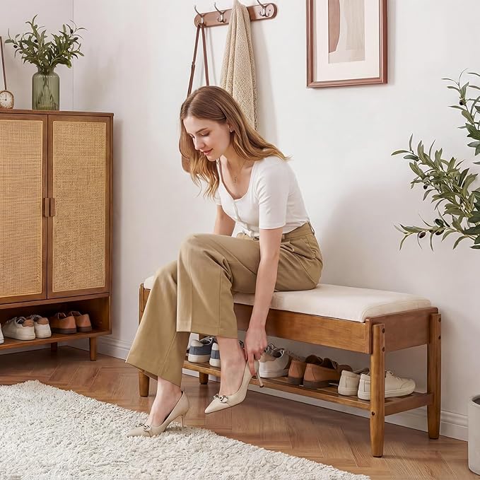 YEPDIN 2 Tier Shoe Rack Bench with Flip-Top Storage,39.3" Solid Wood Shoe Rack Bench with Chenille Cushion,for Entryway, Hallway,Living Room, Bedroom, Closet