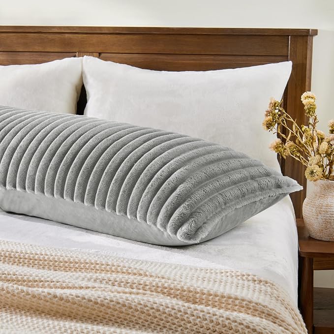 BEDELITE Fluffy Faux Fur Body Pillow Cover with Zipper, Luxury Plush 3D Striped Pillow Cover 20x54 Inches, Super Soft and Cozy Long Body Pillow Pillowcase for Bed Sofa Couch Room Decor(Light Grey)