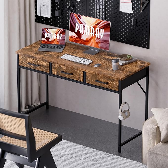 Pamray 47 Inch Small Computer Desk with 3 Drawers for Bedroom Study Writing Home Office Table for Small Spaces Vintage