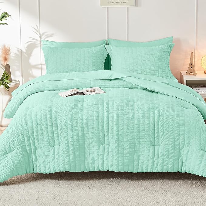 HYMOKEGE Mint Green Full Size Comforter Sets Seersucker 7 Pieces, All Season Luxury Bed in a Bag for Bedroom, Bedding Set with Comforter, Sheets, Pillowcases & Shams