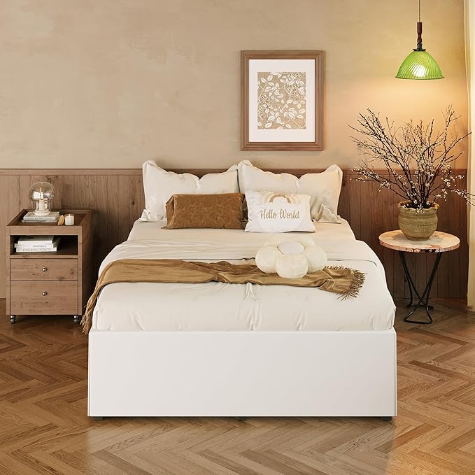 EMODA 18 Inch California King Bed Frames with White Cover, Heavy Duty Metal Cal King Platform Bed Frame No Box Spring Needed, Noise Free