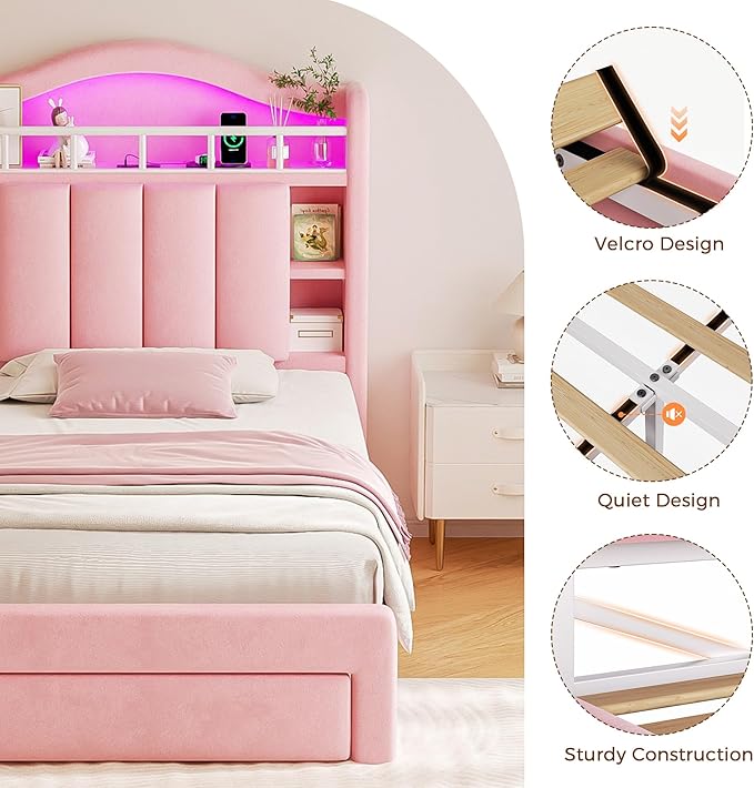 Twin LED Bed Frame with Storage Headboard & 2 Storage Drawers, Princess Velvet Upholstered Bed with Vertical Tufted Headboard Design for Girls, USB & Type-C Charging Ports, Wooden Slats Support, Pink