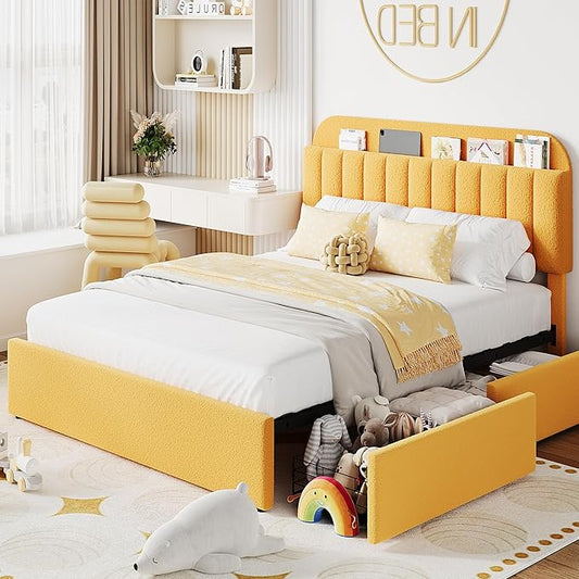IDEALHOUSE Full Bed Frame with 2 Flexible Drawers and Bookcase Headboard, Boucle Upholstered Platform Bed for Boys, Noise-Free, Easy Assembly, No Box Spring Needed, Yellow