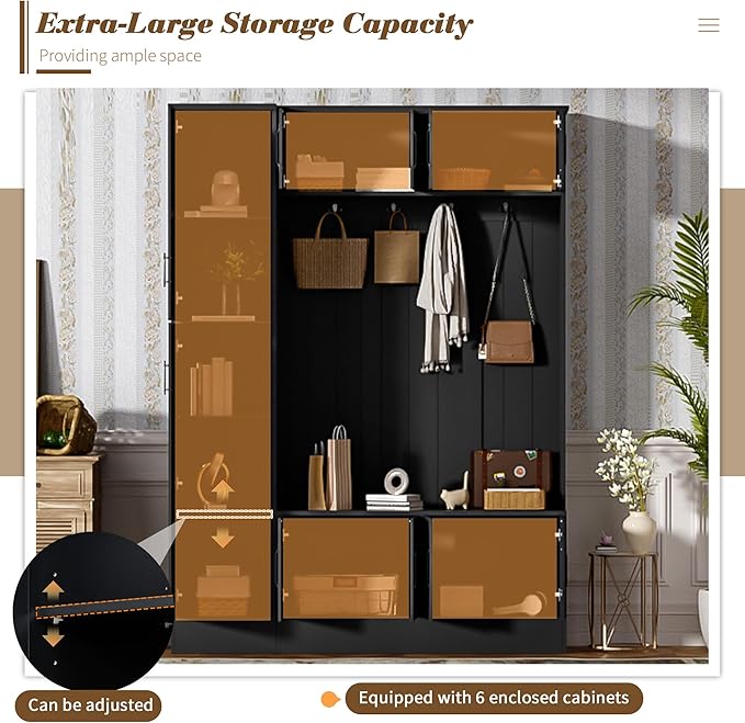 Merax Farmhouse Wood Hall Tree with 6 Hooks and Shoe Bench, Mudroom Versatile Coat Racks with 6 Cabinets & Adjustable Shelf, Entrance Organizer for Hallway, Entryway, Living Room Black