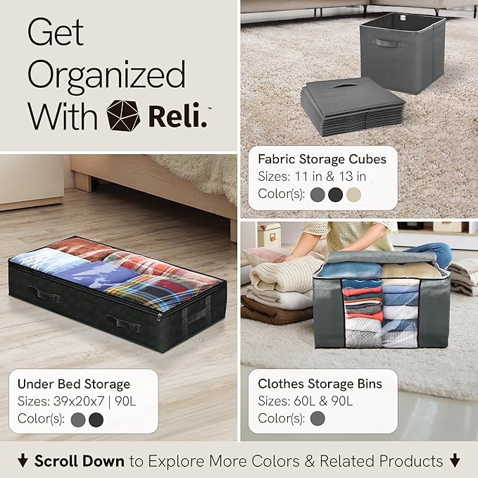 Reli. 90L Under Bed Storage Containers (4 Pack) | Closet Organizer with Clear Window | Underbed Storage Bins for Towels, Sweaters, Linens | Large Organizer for Closet (Black)