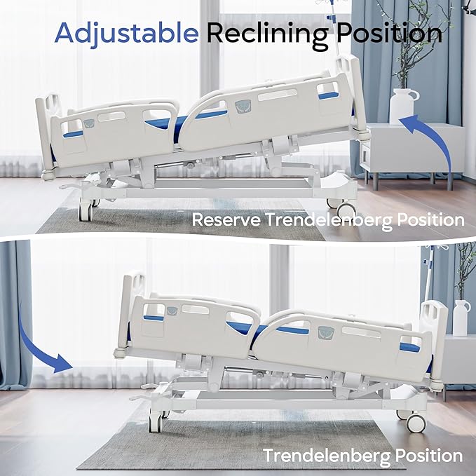 Premium Full Electric Hospital Bed for Home Use, 5 Function Medical Bed with 4.7” Foam Mattress, Height Adjustable, Central Locking System, Includes Sheets (2X) (5 Function Pro)