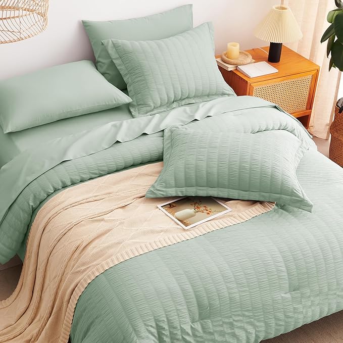 CozyLux King Size Comforter Set Sage Green Seersucker 7 Pieces Bed in a Bag King Comforter Set with Sheets, Luxury Bedding Sets with Down Alternative Comforter, Sheets, Pillowcases & Shams All Seasons