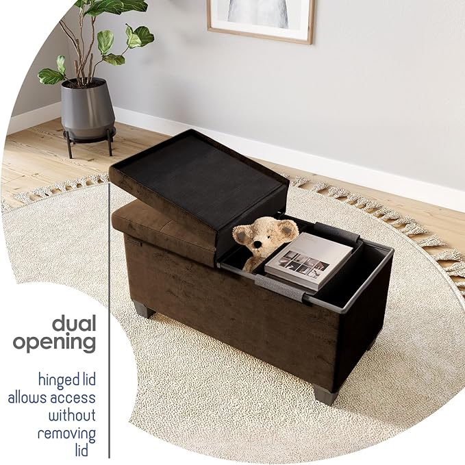 Storage Ottoman Bench with Bins, 30-in Storage Bench for Bedroom End of Bed, Folding Foot Rest Ottoman for Living Room Max 660lbs, Velvet Ottomans, Brown