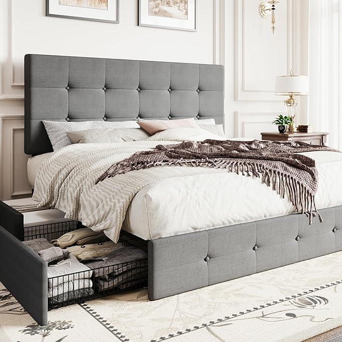 SHA CERLIN Upholstered Queen Size Platform Bed Frame with 4 Storage Drawers, Adjustable Headboard with Square Stitched Button Tufted Design, Wooden Slat Support, No Box Spring Needed, Light Grey