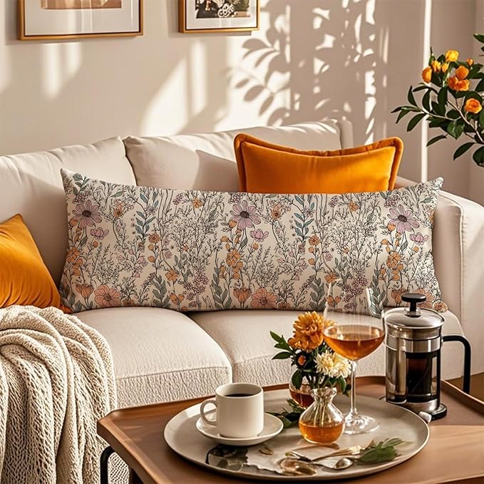 Vintage Boho Floral 20x54 Body Pillow Cover, Cottagecore Room Decor, Retro Rustic Cottagecore Flowers Aesthetic Decorative Long Body Pillow Cases for Bed Couch