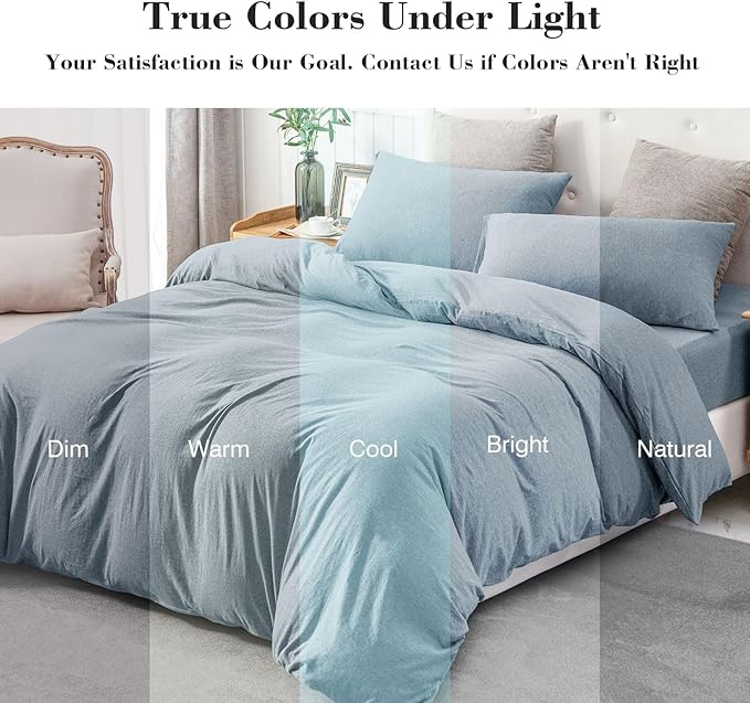 PURE ERA Jersey Knit Duvet Cover Set 100% T-Shirt Cotton Super Soft Comfy 3pc Bedding Set with Zipper Closure (Heather Blueish Grey, Queen)