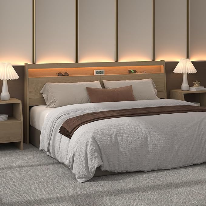Wooden Headboard Only with Storage, Skirting Groove for Enhanced Stability, Built-in Power Outlet, 2 USB Ports & LED Light - Solid Wood Leg Sturdy Stable Bed Backboard (Oak, King)