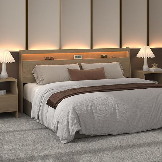 Wooden Headboard Only with Storage, Skirting Groove for Enhanced Stability, Built-in Power Outlet, 2 USB Ports & LED Light - Solid Wood Leg Sturdy Stable Bed Backboard (Oak, Queen)
