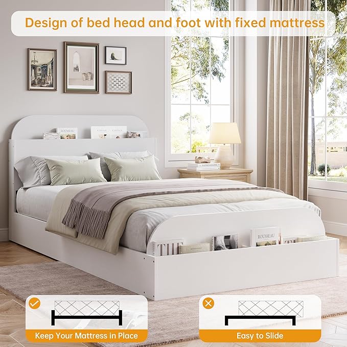 Garvee Twin XL Size Bed Frame with Storage Headboard and Raised Footboard – Wooden Twin-Floor Low Platform Bed for Kids, Heavy Duty & Noise Free, No Box Spring Needed, White