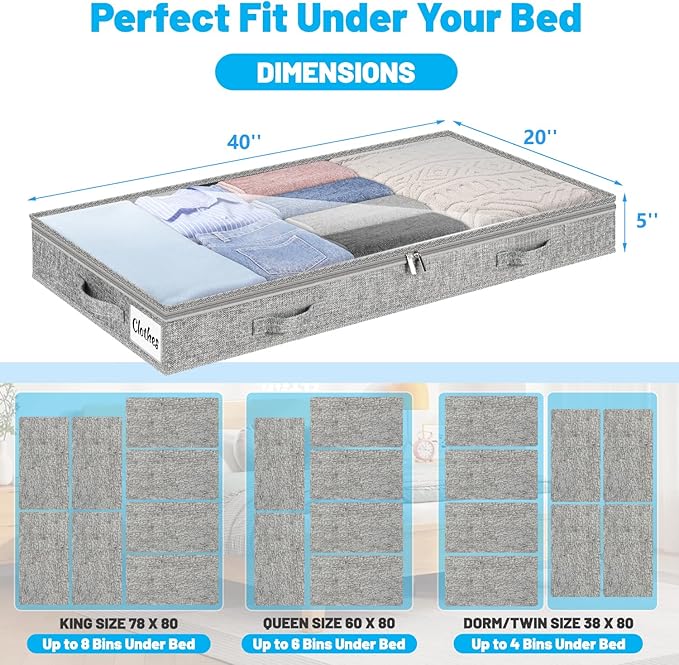 5 Inch Low Profile Under Bed Storage Drawer 2 Pack, Lightweight Underbed Clothes Storage Container Bins With NO STURCTURE, Shallow Storage Bag for Dorm & Home, With Clear Lids & Water-Resistant Fabric