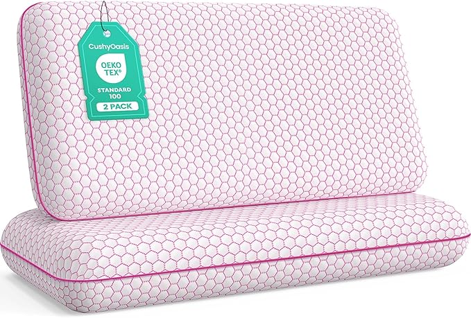 CushyOasis Memory Foam Pillows for Side, Back and Stomach Sleepers, Set of 2, Bed Pillow with Washable Cover and Breathable Mesh, Bed Pillow for Sleeping (Pink，King Size)