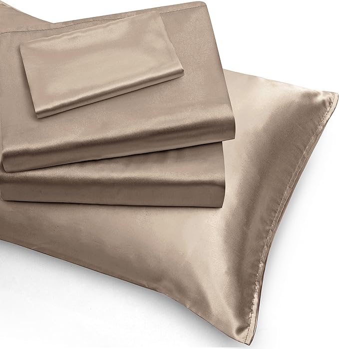 Homiest 4pcs Extra Deep Pocket Satin Sheets Queen Size Bed Set, 18-24 Inch Deep Pocket, Taupe Satin Sheet Set Fits Ultra Deep Mattress