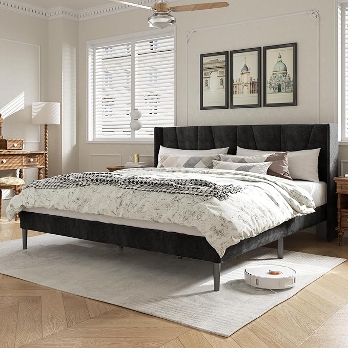 HAOARA King Bed Frame with Headboard, Velvet Upholstered Platform Bed Frames with Wingboard, Contemporary Mattress Foundation, Noise Free, No Box Spring Needed, Easy Assembly, Black