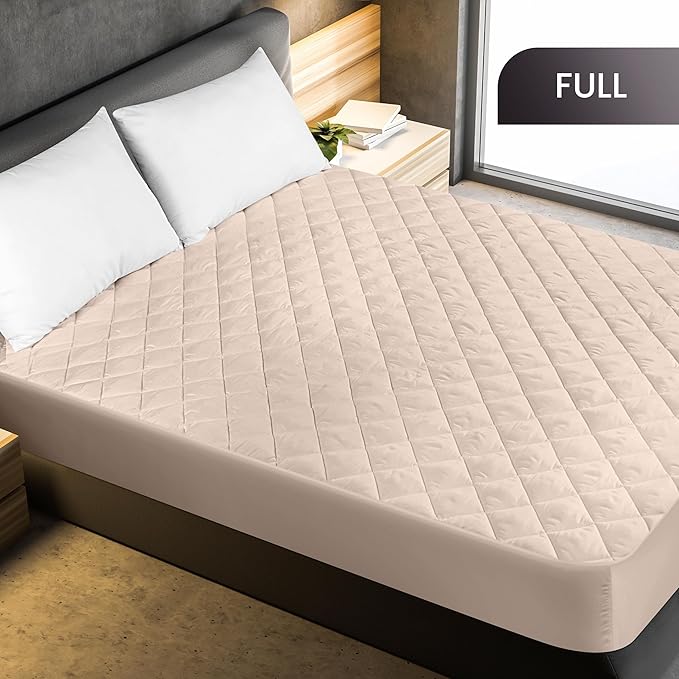 Utopia Bedding Quilted Fitted Mattress Pad, Full Size, Elastic Fitted Mattress Topper Protector and Cover Stretches up to 16 Inches Deep, Machine Washable (Beige)