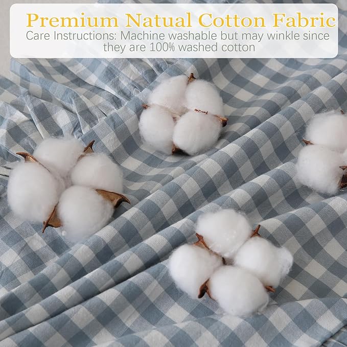 Light Blue/White Ruffled Long Lumbar Gingham Pillow Sham 14x36 inches 1 Piece, Pure Cotton Decor Pillowcase Farmhouse Vintage Cushion Cover for Bed Livingroom