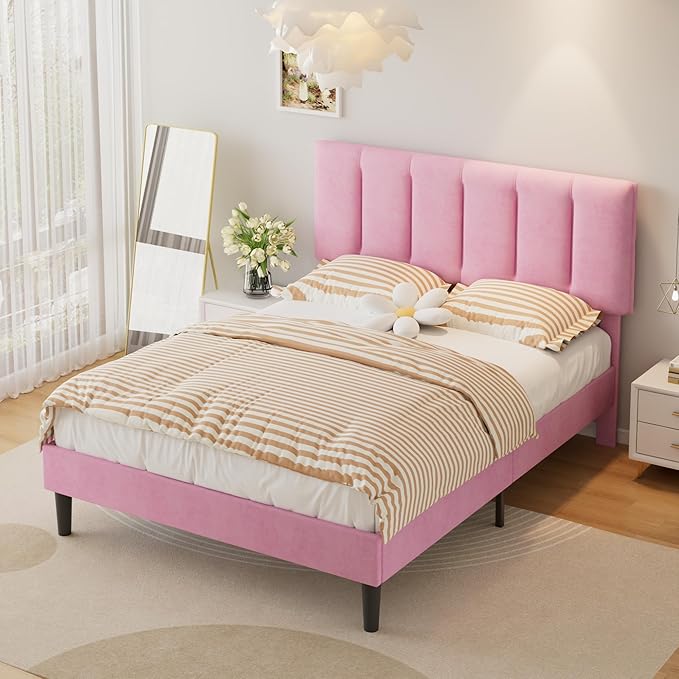 VECELO Full Bed Frame with Upholstered Headboard, Heavy-Duty Platform Bedframe with Strong Wooden Slats Support, No Boxing Spring Needed, Pink