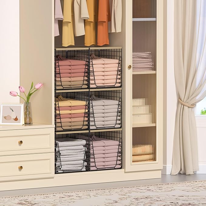 SWTYMIKI 3PCS Closet Organizers and Storage - Stackable Closet Basket with Wood Top Shelf, Clothes Storage Shelves, Clothes Drawer Bins for Wardrobe, Bedroom, Entryway, Black