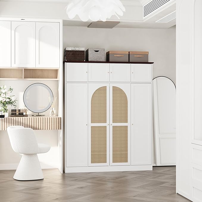4 Doors Large Armoire Wardrobe Closet with Rattan Doors, 70.87" Tall Freestanding Wooden Closet Wardrobe Cabinet with Hanging Rod and Adjustable Shelves, Clothing Storage Cabinet for Bedroom, White