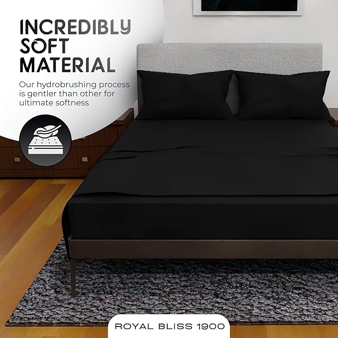 Queen Sheet Set - 4 Piece Bedding - Double Brushed, Deep Pocket, Cooling Queen Size Bedding Set (Black)