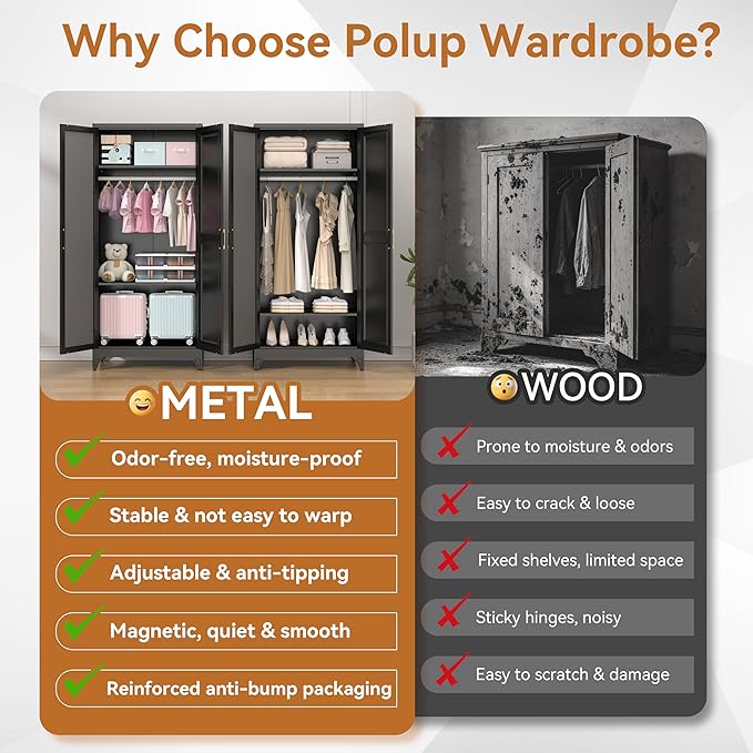 Polup Metal Armoire Wardrobe Closet with Mirror, 71" Tall Steel Clothing Storage Cabinet with 2 Doors, Hanging Rod and Adjustable Shelves, Freestanding Clothes Organizer for Bedroom, Office, Black