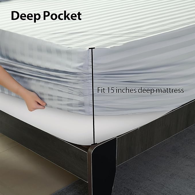 2-Pack Pure Cotton Fitted Sheet King Size, 600 Thread Count 16" Deep Pocket Egyptian Cotton Fitted Sheet (2pcs, King, Stripted Gray)