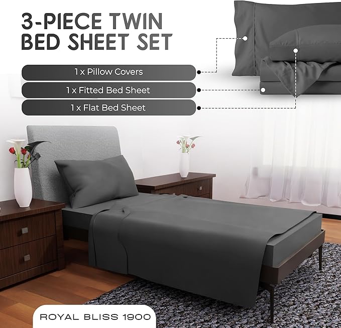 Twin Sheets Set - 3 Piece Bedding - Wrinkle Free, Fade Resistant, Double Brushed Microfiber - Deep Pockets/Easy Fit - 1800 Series Ultrasoft, Cooling Sheets (Dark Grey)