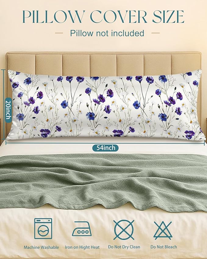 Miss Adola Silk Body Pillow Cover with Zipper - 20x54 Inch Silk Long Pillow Case for Women Ladies Adults Soft Bed Decorative Cute Boho Large Body Pillowcase Sham for Hair and Skin, Blue Daisy