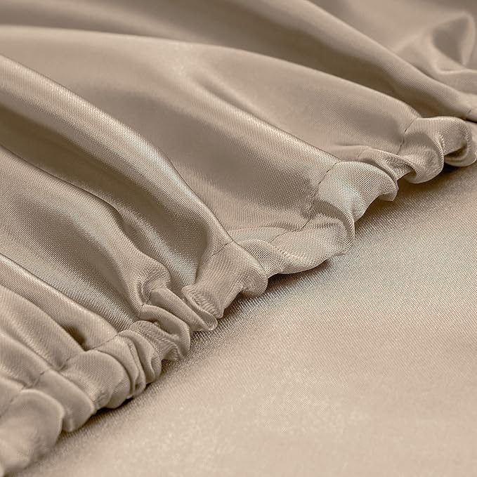 Homiest 4pcs RV Short Queen Satin Sheets Set Luxury Silky Satin Bedding Set with 10" Deep Pocket, Camper Queen Sheets, 1 Fitted Sheet + 1 Flat Sheet + 2 Pillowcases (RV Short Queen, Taupe)