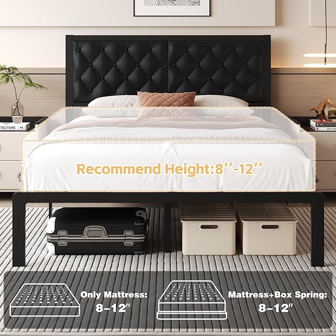 Fluest Queen Bed Frame with Headboard PU Leather Upholstered Bed Frame Platform,All Metal Slats Support Platform Bed Frame with Storage Space,Easy Assembly,Noise Free,No Box Spring Needed,Black