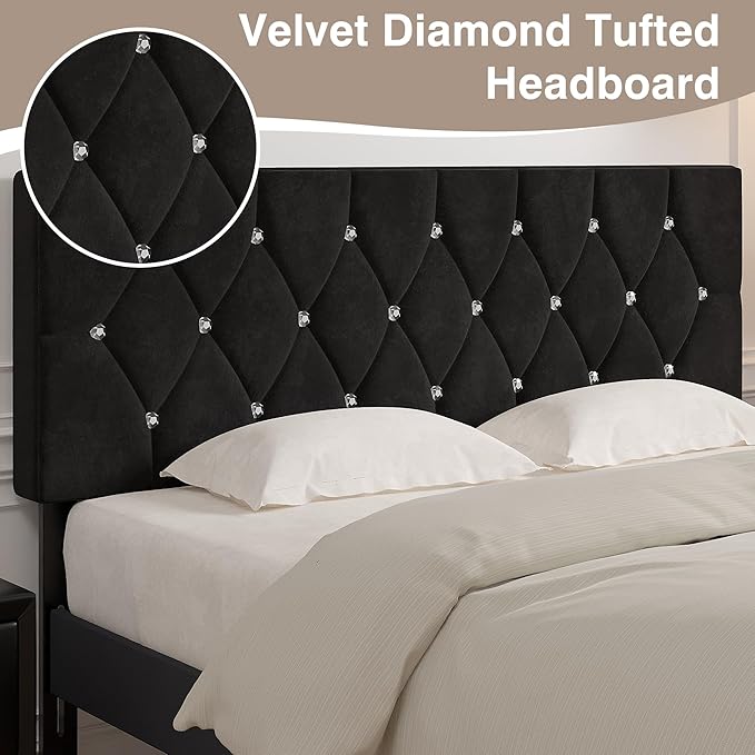VECELO Tufted Upholstered Headboard King Size, with 6 Adjustable Height from 39.8" to 49.8", Button Diamond Design, Easy Assembly, Classic Black